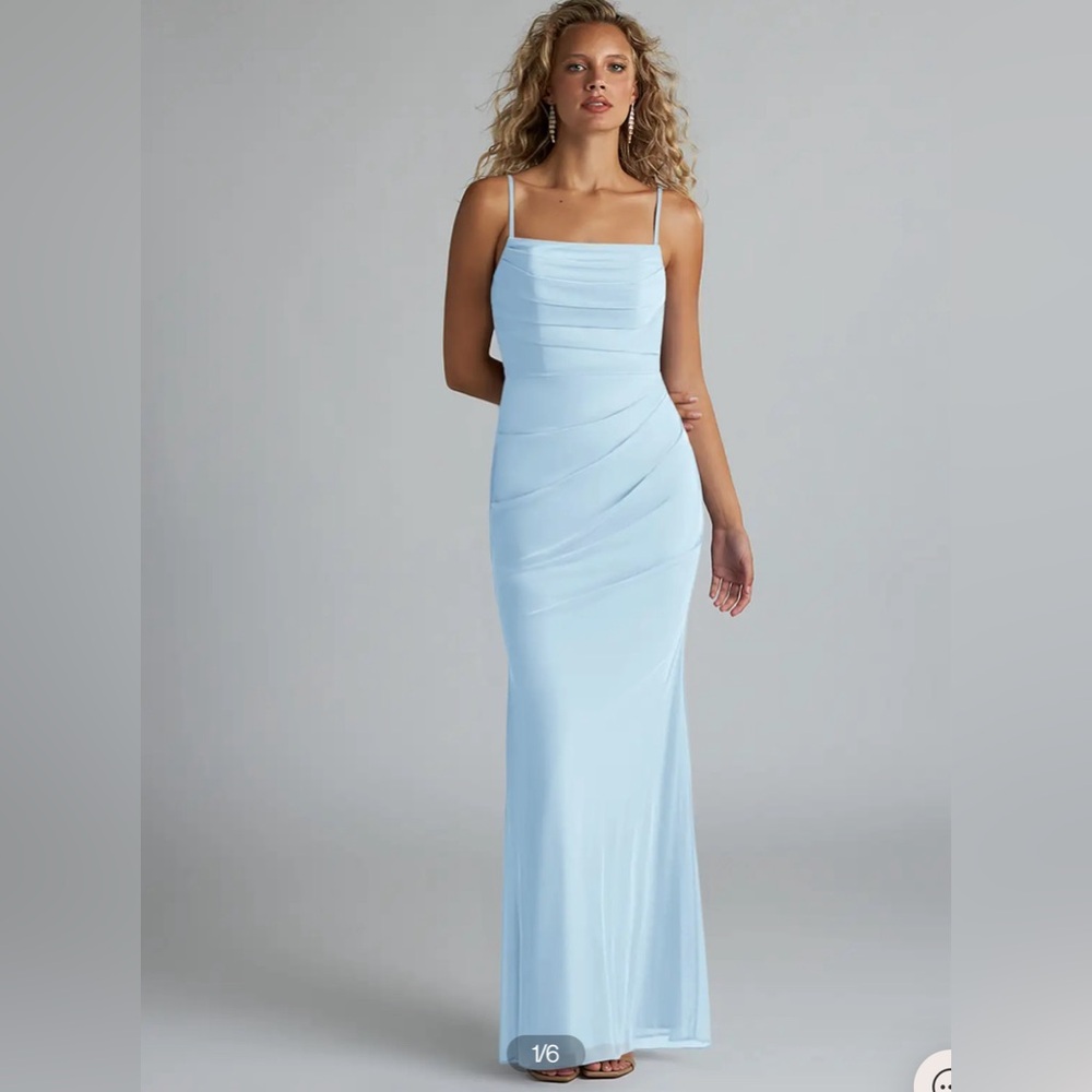 Azazie Teyana Sky Blue Sheath Square Neckline Pleated Mesh Dress - size 8